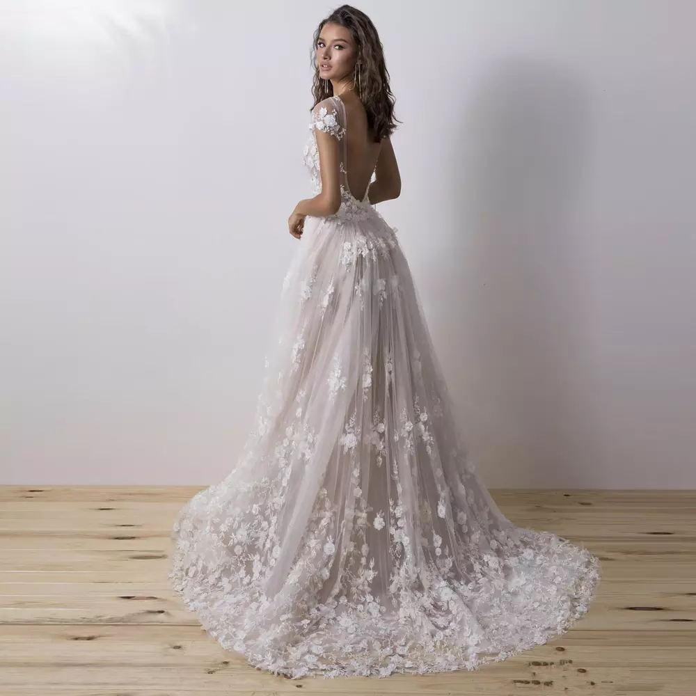 Chapel train Wedding Dresses With 3D Flower Beads Wedding Gown Scoop Neck Short Sleeve Backless Bridal Dress with overskirt Vestido De Novia