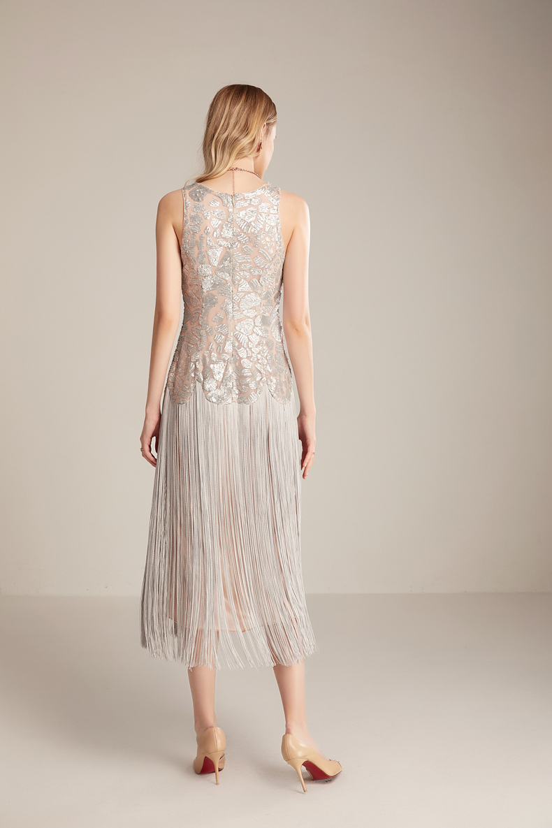 Women's Runway Dresses O Neck Sleeveless Sequined Bodice Tassels Detailing Elegant Fashion Mid Calf Party Prom
