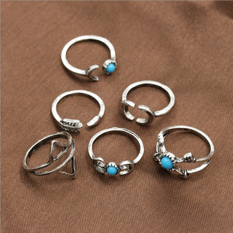 Retro Openwork Flower Gems Geometry 7 Piece Set Turquoise Moon Arrow Loop Fashion Ring Set Bohemian Stackable Set for Female Girls