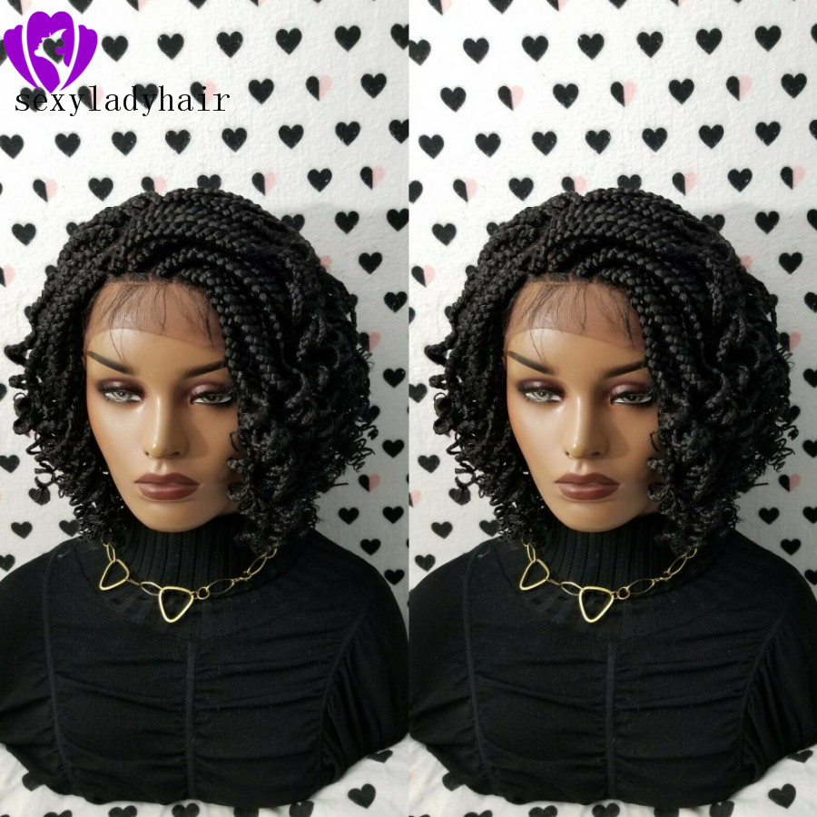 200density full short Braided Wigs Box Braids Wigs For Black Women Lace Front Braid Wig Curly 14inch Black/ Brown With Body Hair