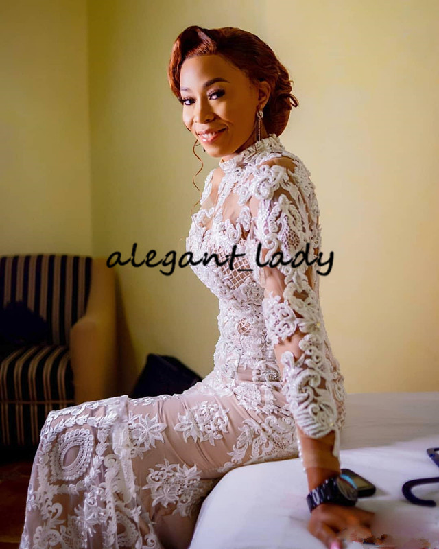 High Neck Long Sleeve Mermaid Wedding Dresses 2020 Luxury Lace Applique nude lining African Bride Party Dancing Wedding Gown