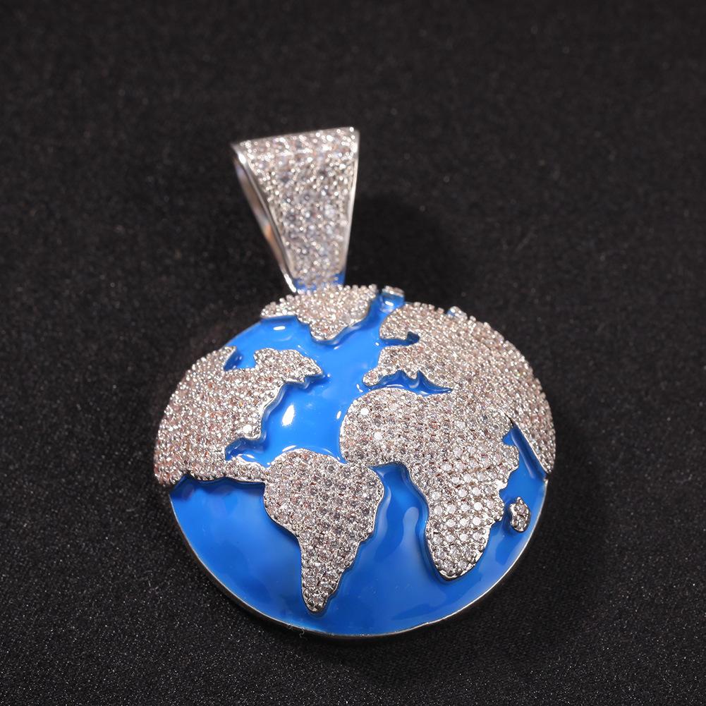 New White Gold Plated Bling Cubic Zirconia Enamel Blue Earth Pendant Mens Womens Necklace Bijoux Hip Hop Rapper Jewelry Gifts for Lovers