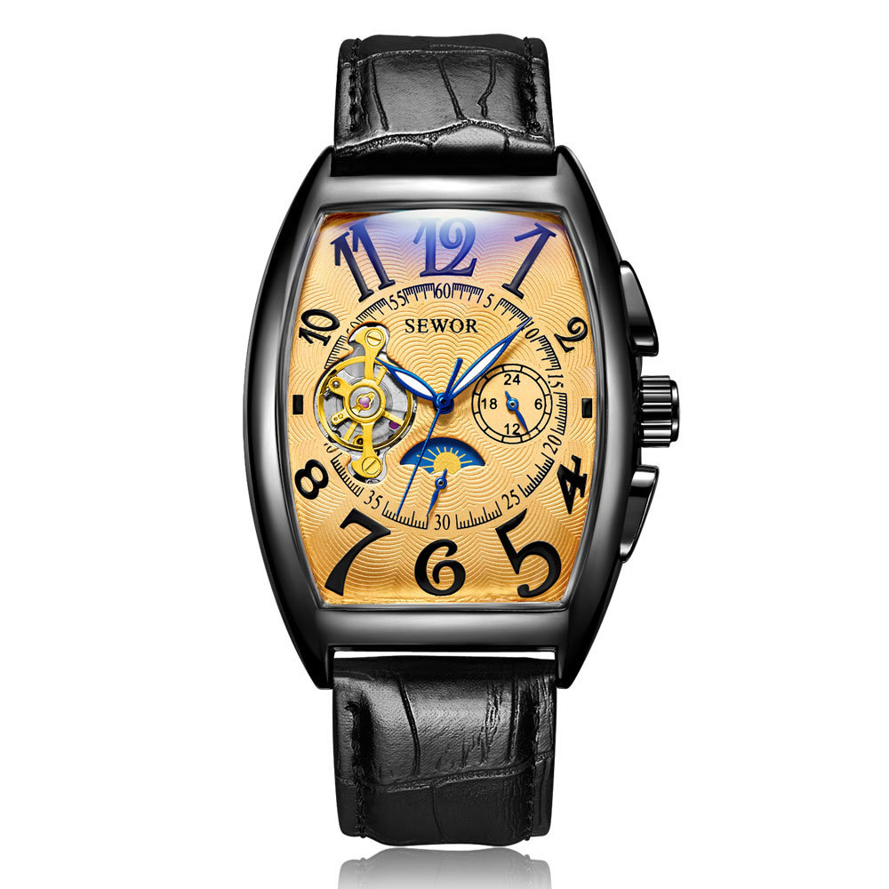 Sewor New Black Gold Tonneau Tourbillon Automatic Mechanical Watch Men Genuine Leather Strap Men Clock Male Men Wristwatches