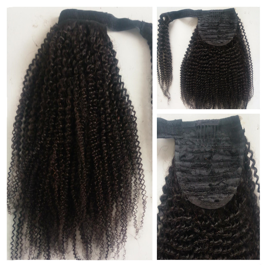 Diva 24 Inch Human Hair Ponytail with Drawstring Off Black AfroKinky Curly Ponytail Hair Extension Wrap for Women 160g Per Package Color 1B