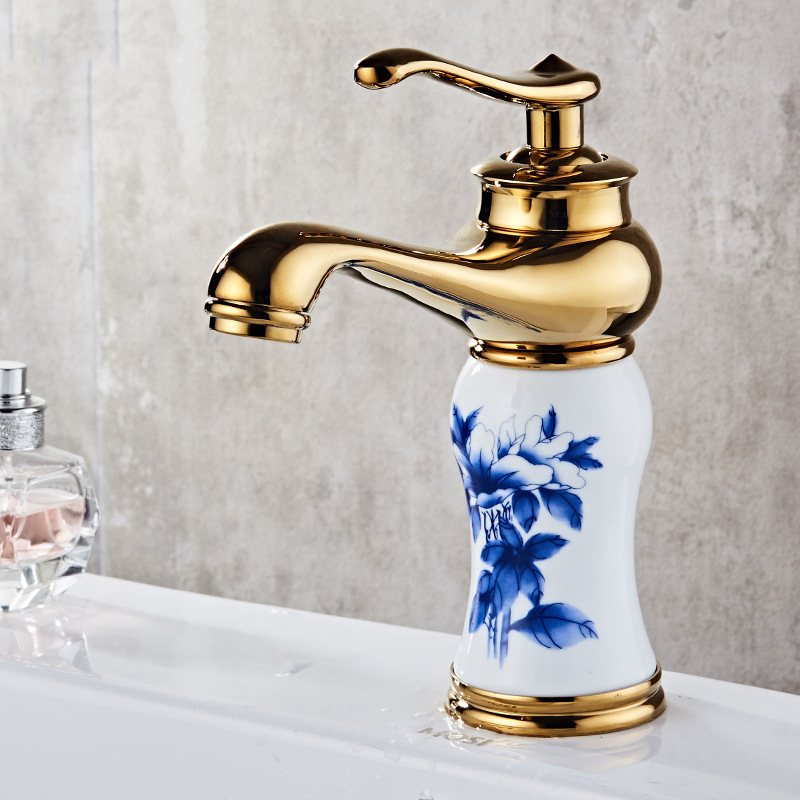 Bathroom Sink Faucets Gold Handle Single Hole White Ceramic Blue Flower Basin Mixer Taps
Bathroom Sink Faucets Gold Handle Single Hole White Ceramic Blue Flower Basin Mixer Taps