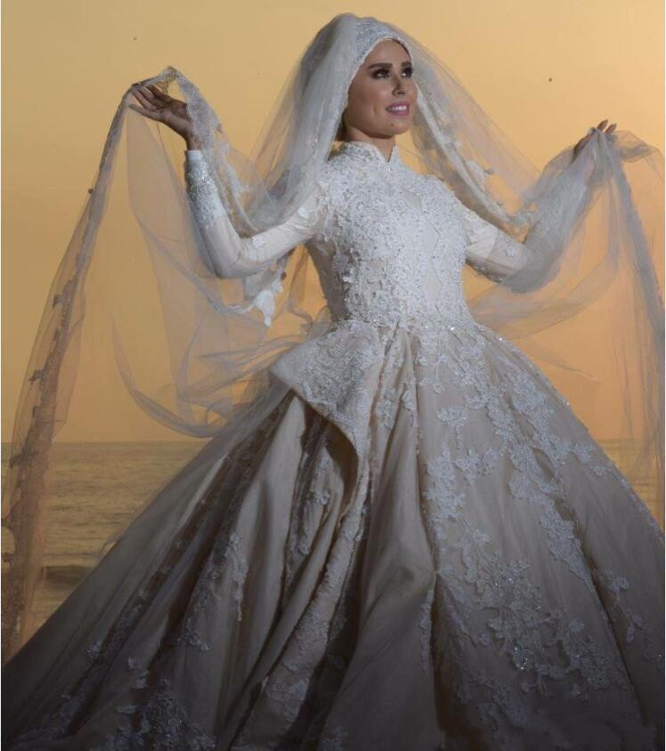 Luxury Gorgeous Saudi Arabia Muslim Wedding Dresses Long Sleeve Bridal Gowns High Neck Lace Appliqued Beads Vestido de novia Wedding Dress