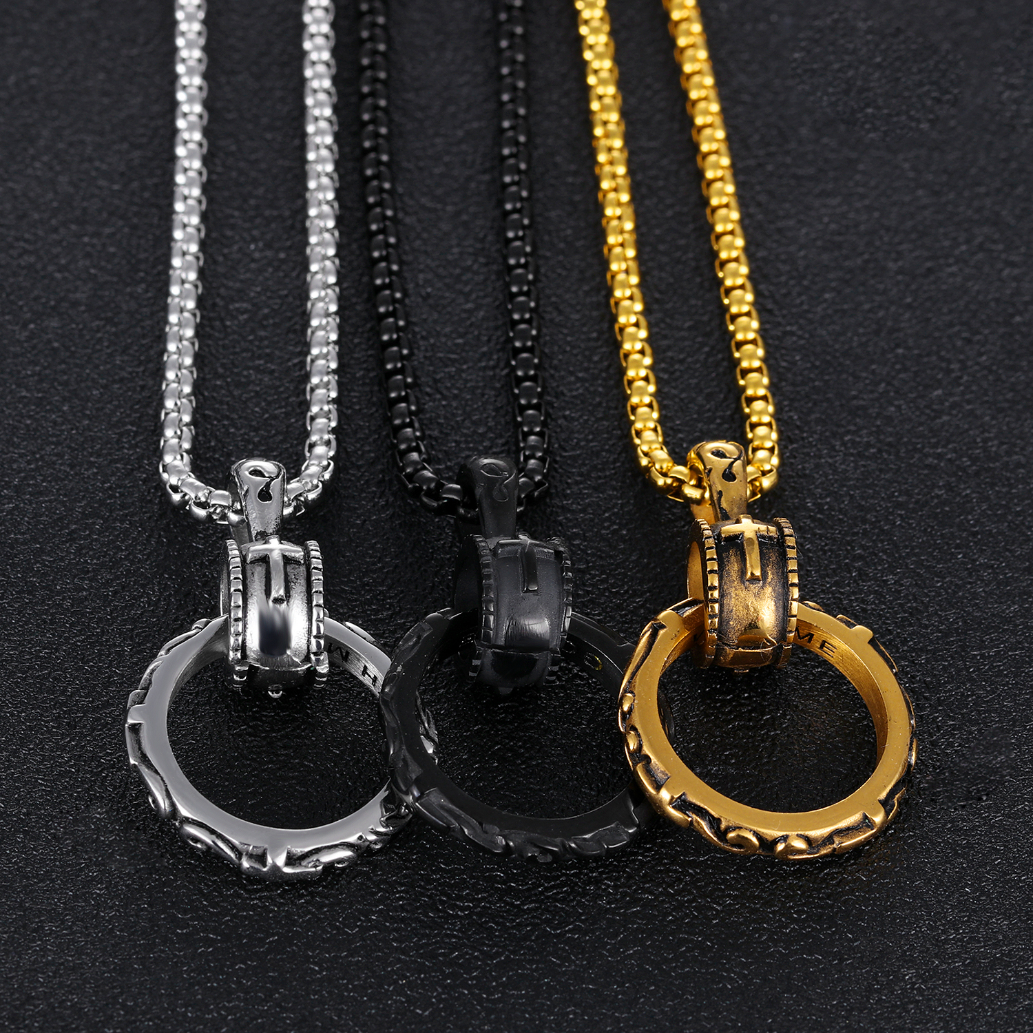 Creative Hip Hop Longevity Circle Cross Pattern Pendants Necklace Jewelry Stainless Steel Religious Jewelry Gift