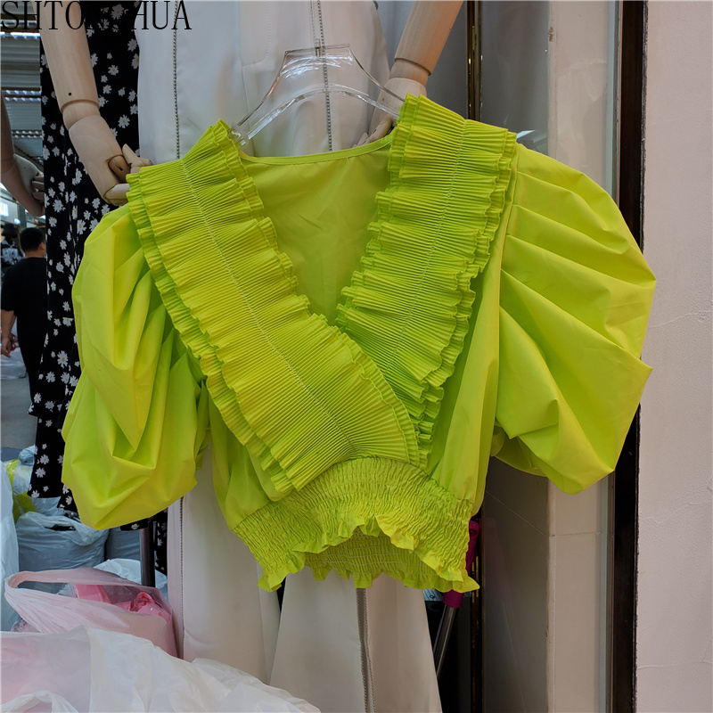 Women's Blouse 2020 Summer New Ruffles V-neck Elastic Waist Puff Short Sleeve Shirt Ladies Crop Top Shirts Blusa Femme, Green
Women's Blouse 2020 Summer New Ruffles V-neck Elastic Waist Puff Short Sleeve Shirt Ladies Crop Top Shirts Blusa Femme, Green