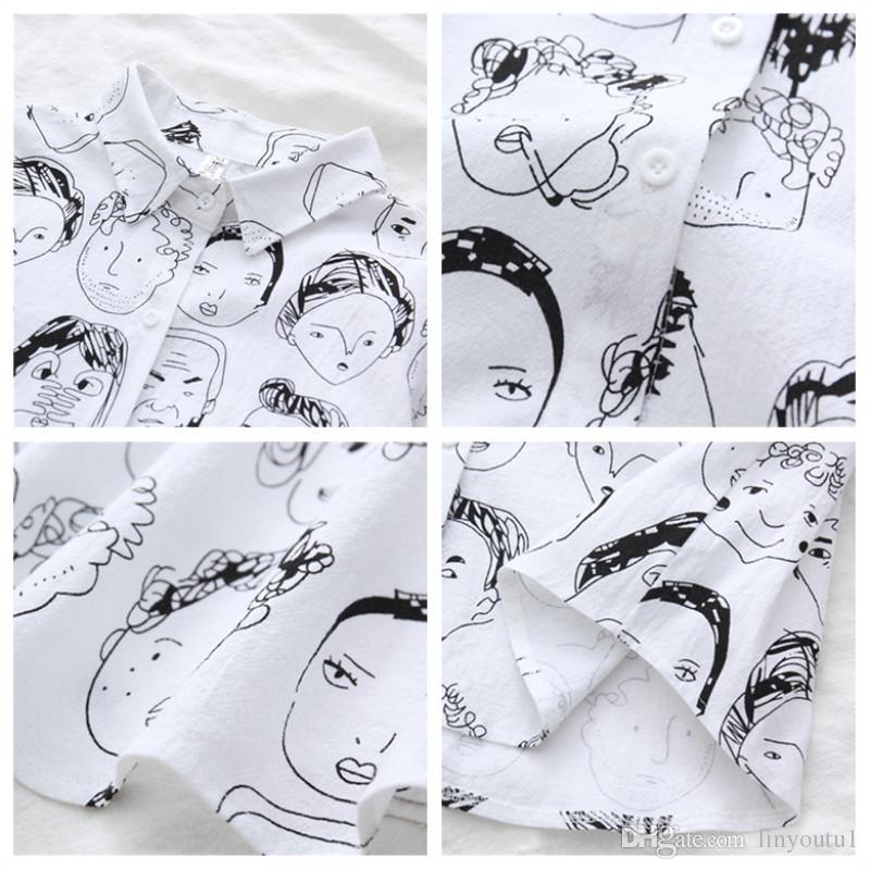 2020 Women's Black and White Patterned Blouse Single Breasted Blouse Casual Long Sleeve Shirt Female Cartoon Cotton Tops