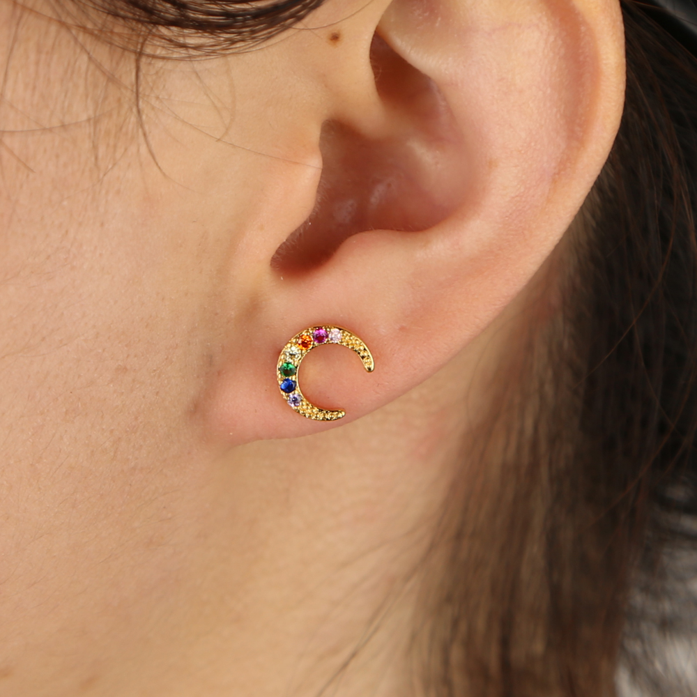 Rainbow cz crescent moon stud lovely girl stud Gold silver Color 2019 Christmas gift Moon earring