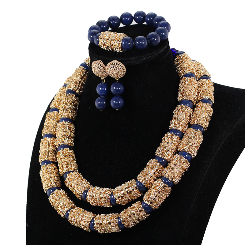 Splendid Navy Blue Nigerian Beaded Women Costume Jewelry Sets Dubai Gold Chunky Statement Necklace Set 2019 WE240 CJ191128