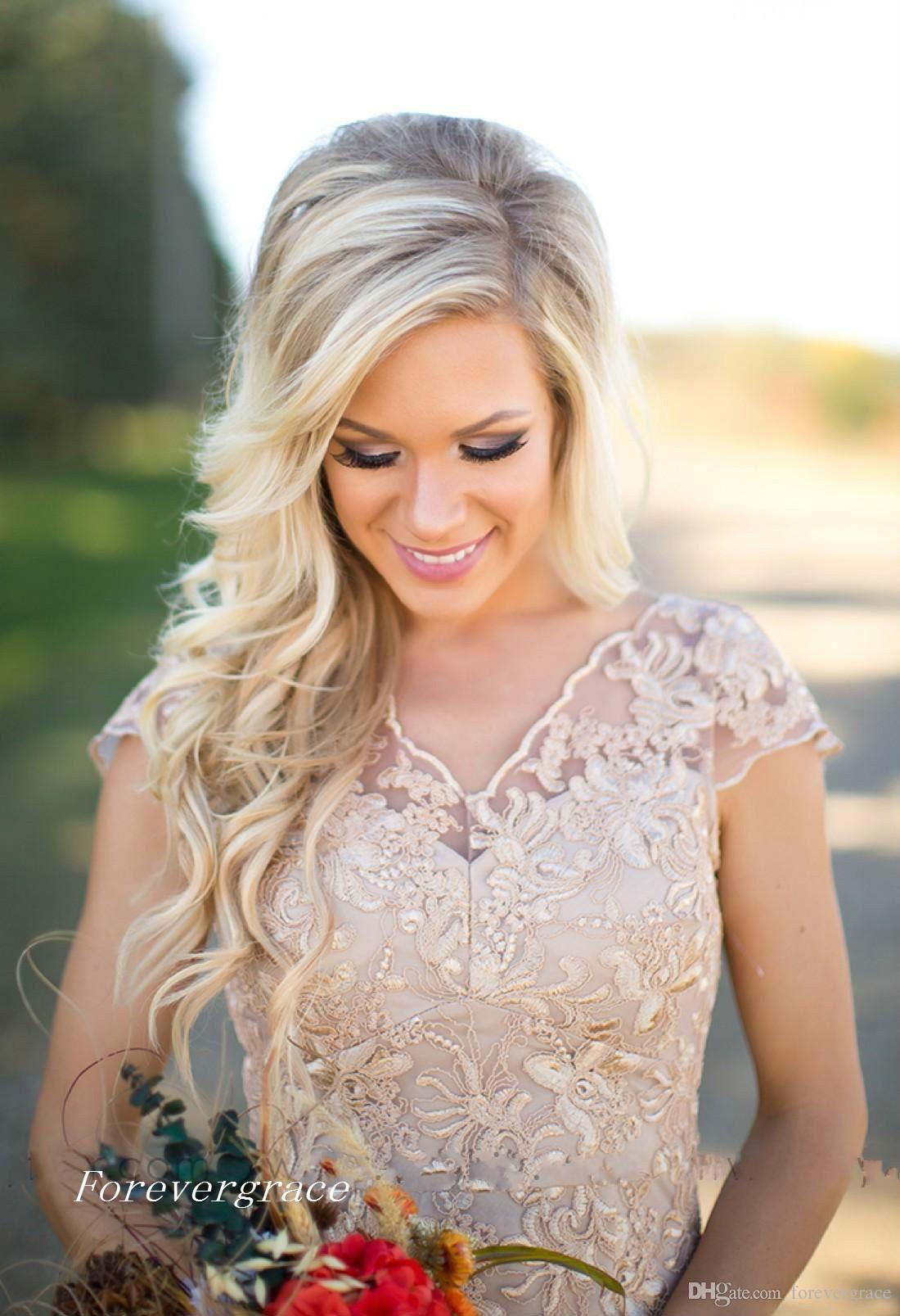 2019 Cheap Full Lace Country Bridesmaid Dress V Neck Short Sleeves Garden Wedding Party Guest Maid of Honor Gown Plus Size Custom Made