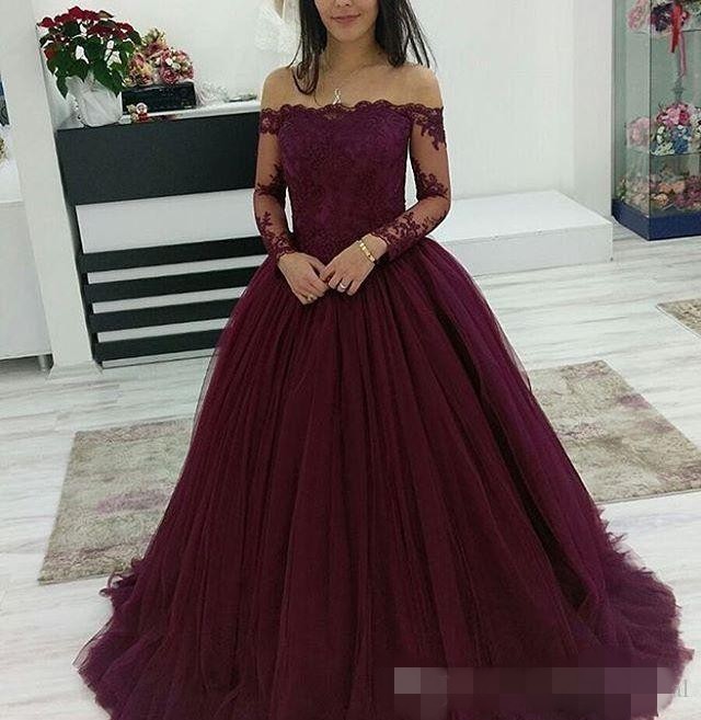 Long Sleeves Bury Prom Dresses Lace Applique Off The Shoulder Tulle Sweep Train Vintage Evening Formal Wear Custom Made