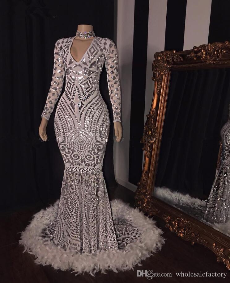 2020 Gorgeous Lace Feather Mermaid Prom Dresses for Black Girls V Neck Long Sleeves Sweep Train Formal Evening Party Gowns Real Image