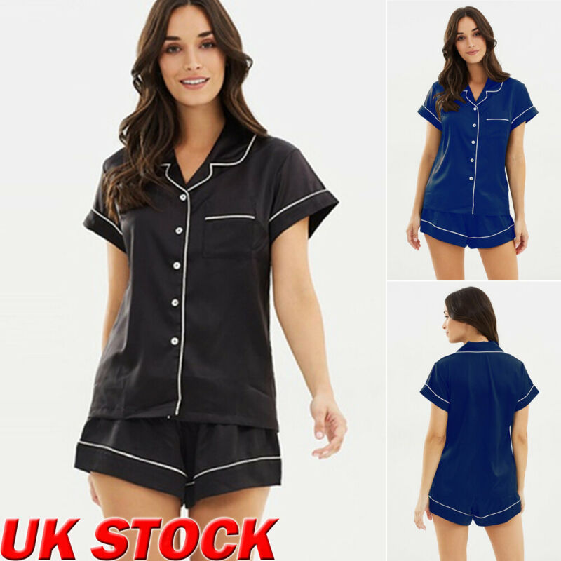 Women Ladies Summer Casual Silk Satin Button Short Sleeve Sleepwear Shirt+Pants Pajamas Sets Black Blue
Women Ladies Summer Casual Silk Satin Button Short Sleeve Sleepwear Shirt+Pants Pajamas Sets Black Blue