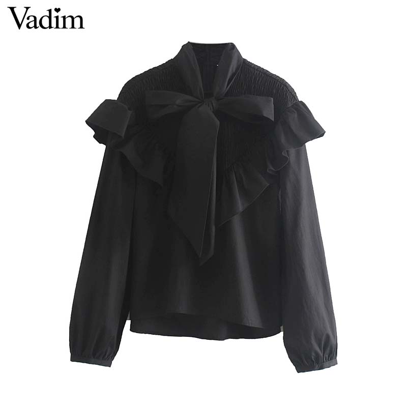 Vadim women chic bow tie collar black blouse back zipper ruffles long sleeve office wear female shirt irregular top blusas LB425
Vadim women chic bow tie collar black blouse back zipper ruffles long sleeve office wear female shirt irregular top blusas LB425