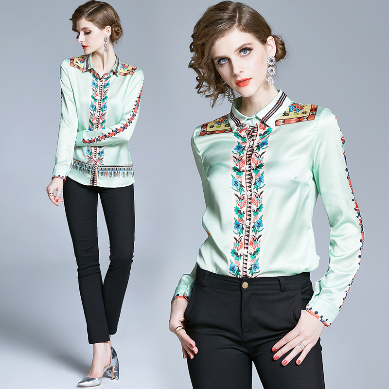 Luxury Floral Print Ladies Designer Blouses Button Long Sleeve 2020 Summer Runway Elegant Women Silk Casual Office Shirts Lapel Neck Tops, Customize
Luxury Floral Print Ladies Designer Blouses Button Long Sleeve 2020 Summer Runway Elegant Women Silk Casual Office Shirts Lapel Neck Tops, Customize
