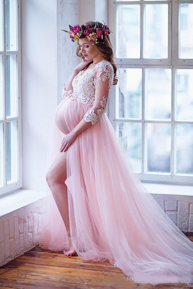 Pink A Line Maternity Wedding Dresses Pregnant Bridal Gowns Sheer Long Sleeves V-Neck Appliques Split Bridal Gowns Custom
