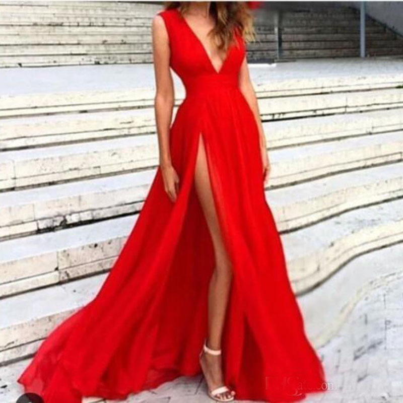 Sexy Slit Red Prom Dresses High Thigh Split Evening Dresses Long Party Gowns Deep V Neck Graduation Dresses maxi dress