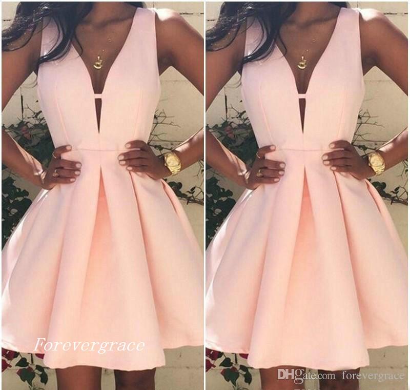 2019 Cheap Pink Short V neck Cocktail Dress Fashion Mini Backless Club Wear Homecoming Party Dress Plus Size Custom Make