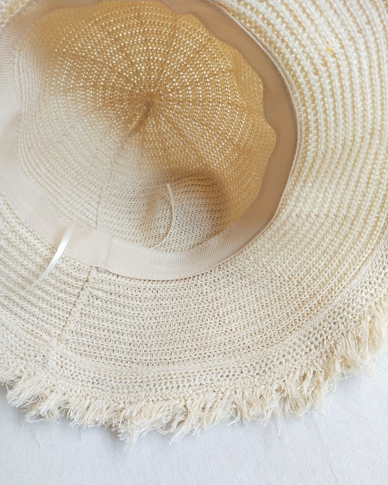 Handknitted solid color sun big hat bristle side breathable straw hat ladies summer sunscreen beach hat foldable2865004