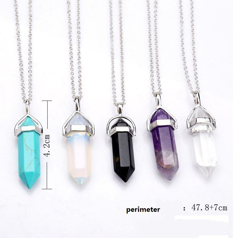 Bullet Shape Real Amethyst Natural Crystal Quartz Healing Point Chakra Bead Gemstone Opal stone Pendant Chain Necklaces Jewelry WCW082