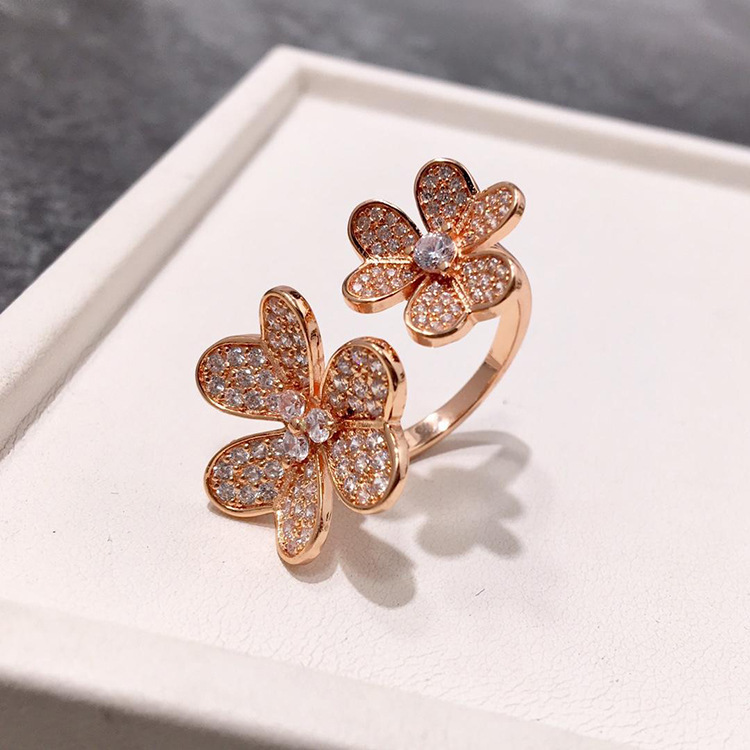fashion Jewelry Full of Diamond Clover Six Flower Opening Double Flower rose gold silver Ring for woman