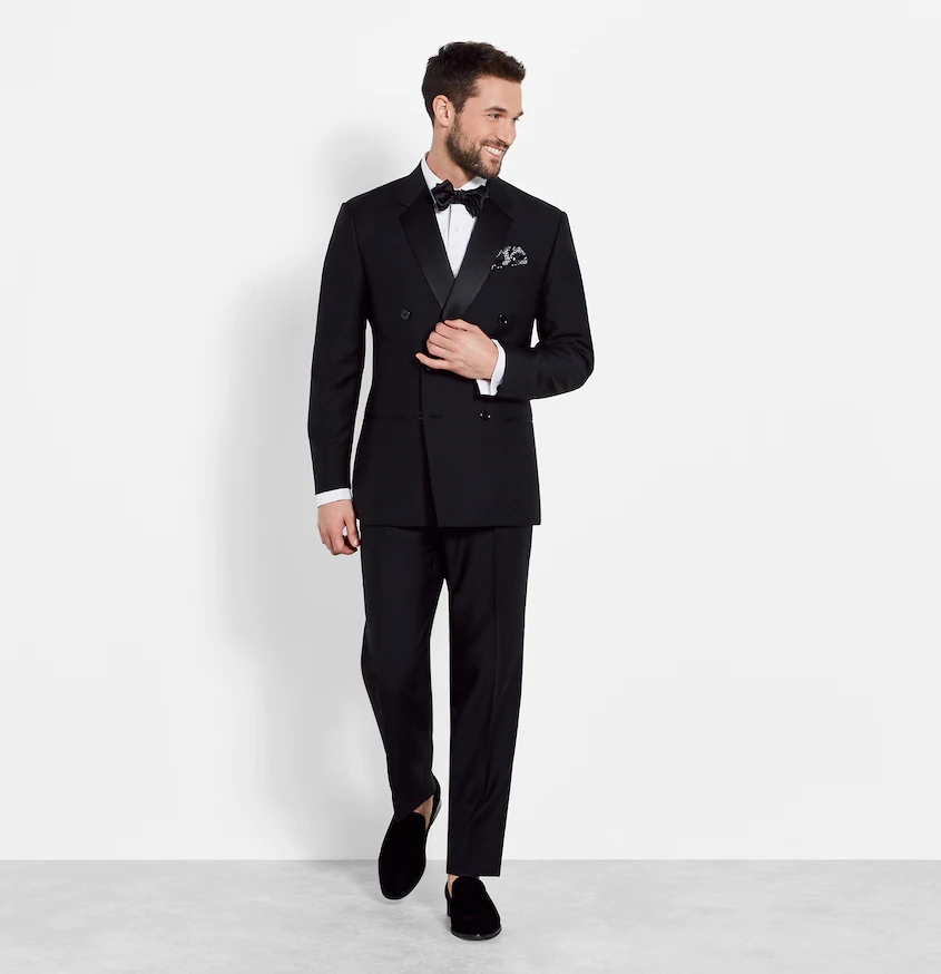 Bright Black Double Breasted Wedding Tuxedos Peaked Lapel Handsome Groom Wear Jackets Prom Party Blazer (Jacket+Pants)