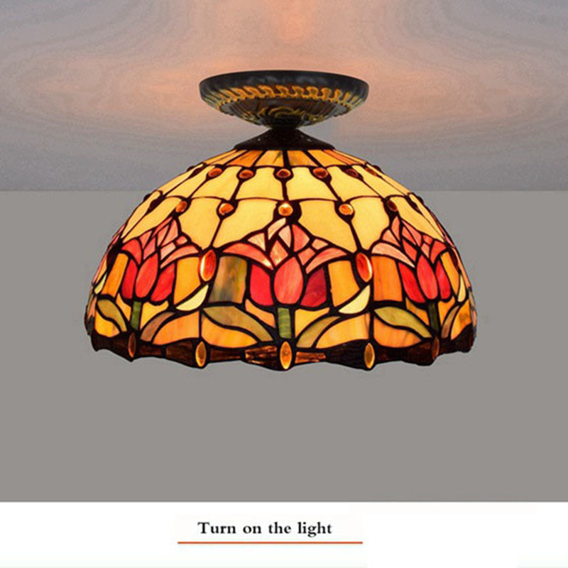 30CM European pastoral red tulip glass lamp Tiffany stained glass dining room bedroom aisle corridor ceiling lamp TF060