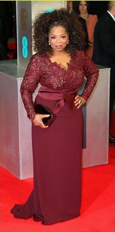 2018 Oprah Winfrey Burgundy Long Sleeves Lace Top Modest Mother of the Bride Evening Dresses Custom Plus Size Celebrity Red Carpet Gowns