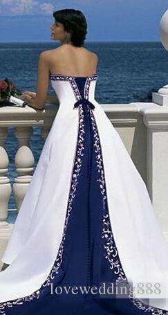 Sweetheart White and Blue Satin A Line Wedding Dresses with Embroidery Cheap Bridal Dress Sweep Train Elegant Wedding Gowns