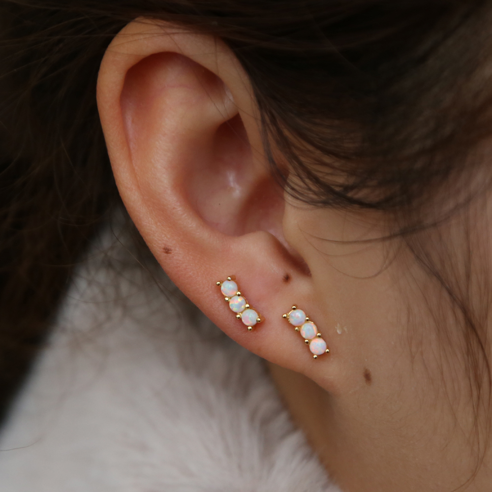 minimal bar stud earring for girl 925 sterling silver triple white fire opal geostone minimal delicate girl lovely jewelry