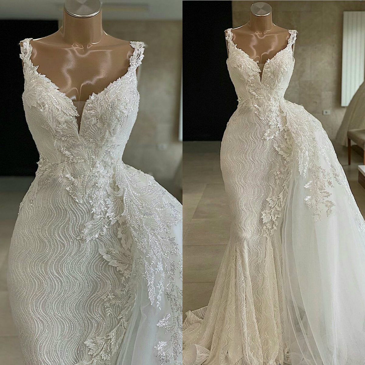 2020 Beading Mermaid Wedding Dresses with Tulle Overskirt Lace Bridal Gowns Ruffles Sweep Train vestido de novia