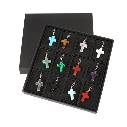 Natural Quartz Crystal Healing Gemstone Cross Pendant Necklace Leather Rope Pendulum Pendants Lucky Jewelry