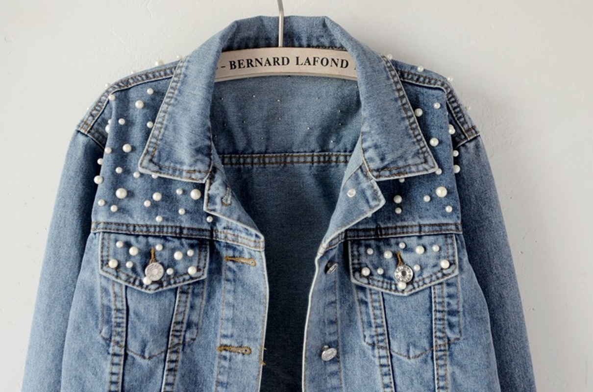 FIONTO Plus Size Pearl Beading Short Denim Jackets Women White Wash Long Sleeve Vintage Casual Jean Jacket Bomber Coat CA2320/5 CY200515