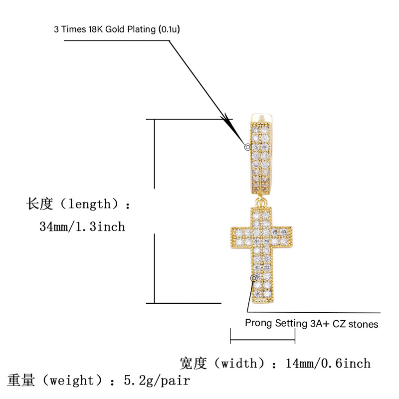 Personalized 18K Gold Plated Bling Cubic Zirconia Cross Hoop Earring Mens Womens Hip Hop Earrings Iced Out Diamond Jewelry for Women Men