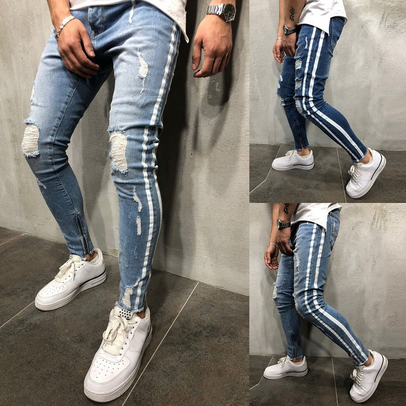 OLOME Hot Sales 2019 Ripped Side Striped Jeans Fashion Blue Streetwear Mens Skinny Stretch Jeans Pants Casual Denim Hombre