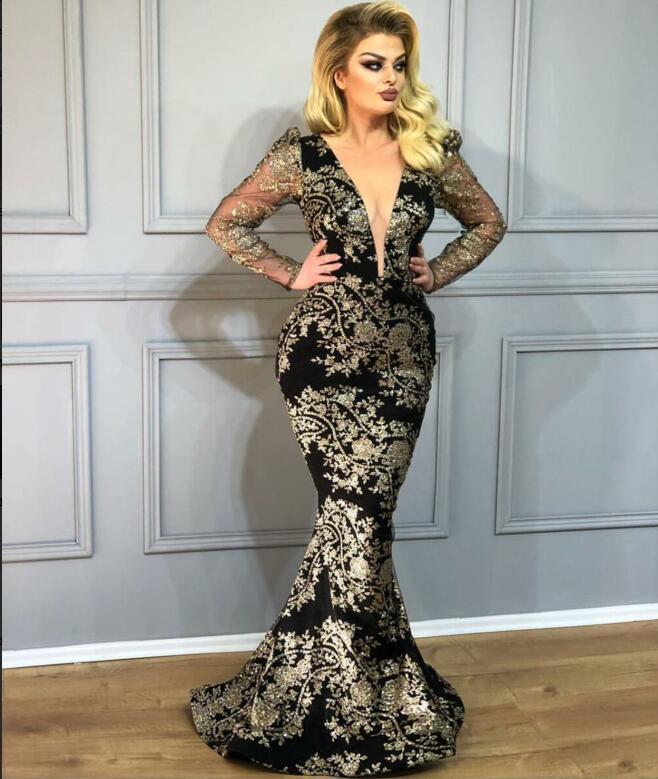 Yousef aljasmi Mermaid Evening Dresses With Detachable Train V Neck Long Sleeves Gold Prom Dress Dubai Lace Party Pageant Gowns Plus Size
