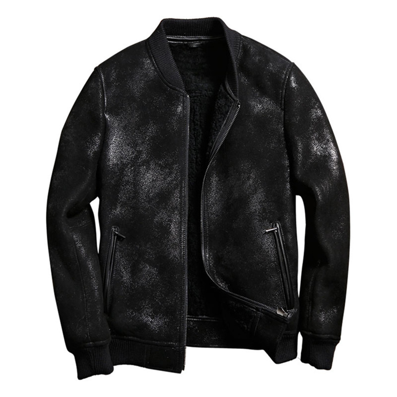 Mens Shearling Coat Mens Fur Coat Short Style Baseball Sheepskin Pilot Leather Jacket Motorcycle Jacket, Black 
Mens Shearling Coat Mens Fur Coat Short Style Baseball Sheepskin Pilot Leather Jacket Motorcycle Jacket, Black