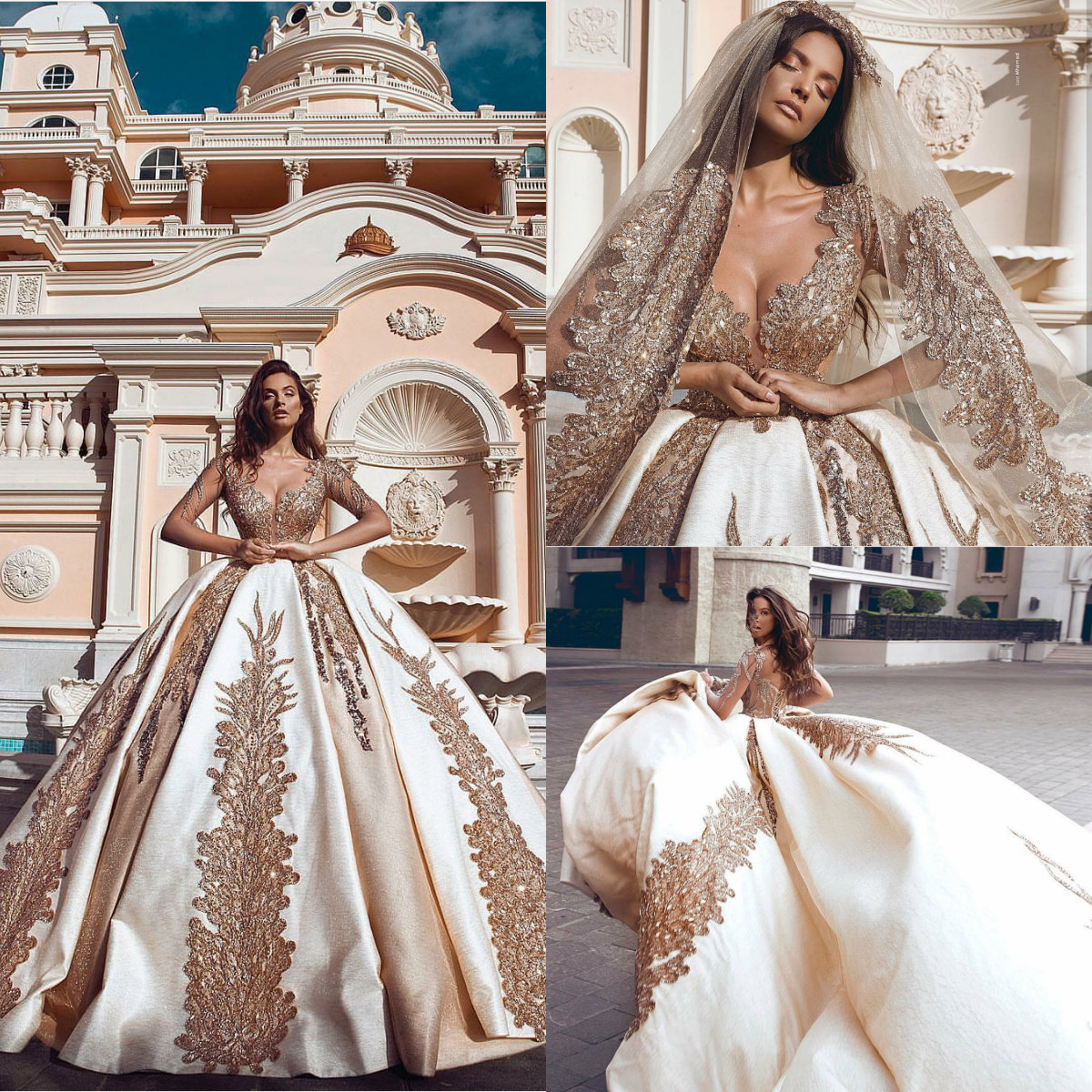 Dubai Arabic Vintage Wedding Dresses Said Mhamad Long Sleeve Gold Lace Applique Sequins Plus Size Wedding Dress with Cathedral Train
