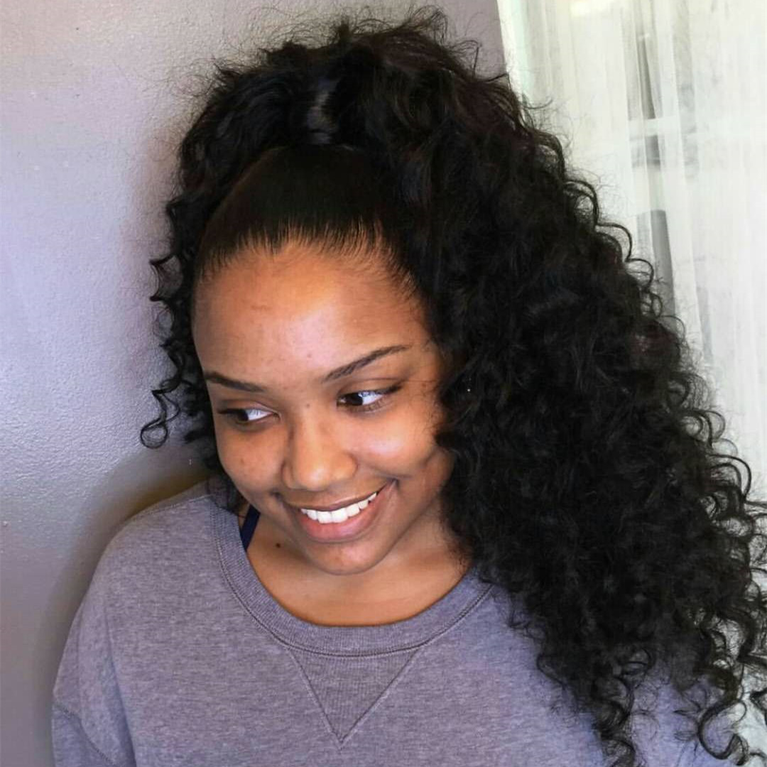 Afro Kinky Curly Puff Human Hair Ponytail Extension For Black Women Drawstring Curly African American Human Hair With Double Clips String