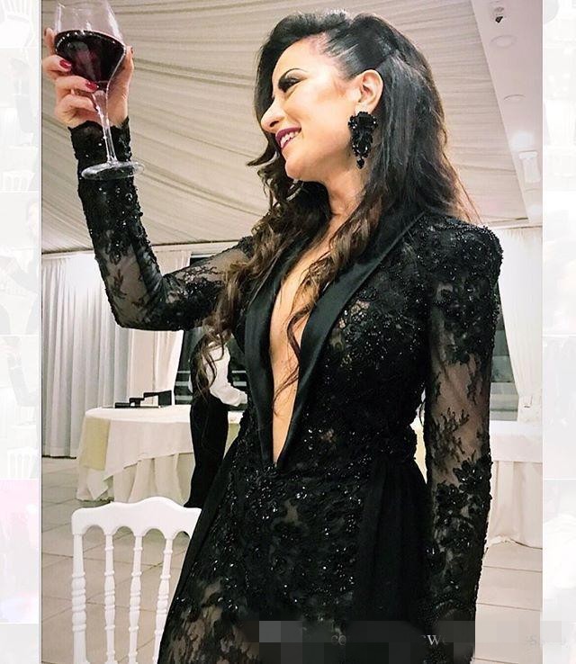 Sexy Black Jumpsuit Prom Dresses Plunging V Neck Long Sleeves Chiffon Train Lace Sequins Custom Made Celebrity Evening Party Gown