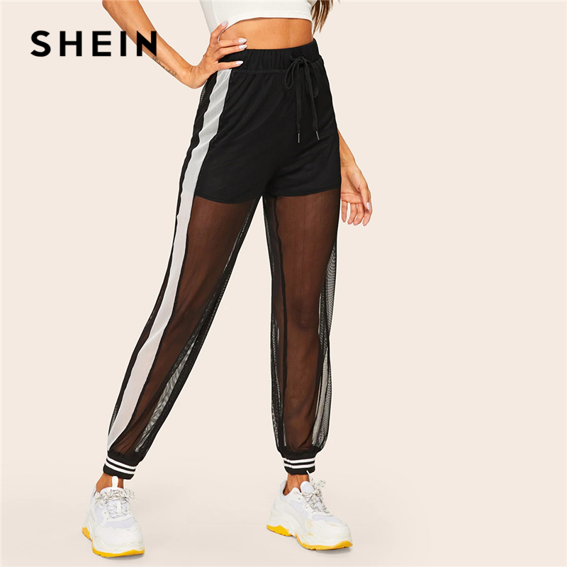 SHEIN Casual Black Drawstring Waist Mesh Overlay Striped Sheer Sweatpants Sporting Pants Women Summer Long Carrot Trousers Pants LY191202, Black;white
SHEIN Casual Black Drawstring Waist Mesh Overlay Striped Sheer Sweatpants Sporting Pants Women Summer Long Carrot Trousers Pants LY191202, Black;white