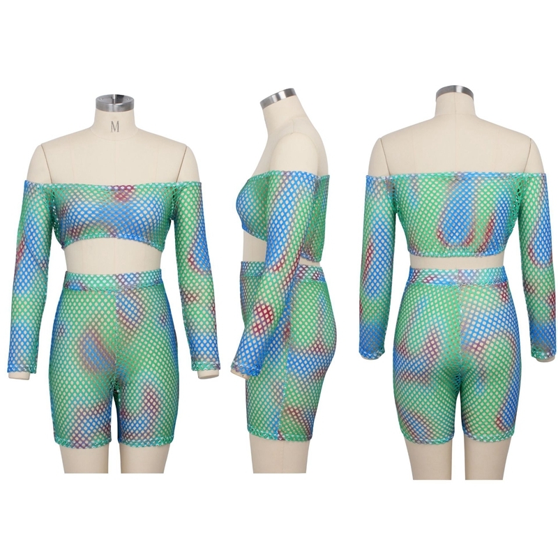 HAOYUAN Sexy Mesh Sheer Fishnet Two Piece Set Women Summer Crop Top and Fishnet Shorts Club Beach Outfits 2 Piece Matching Sets