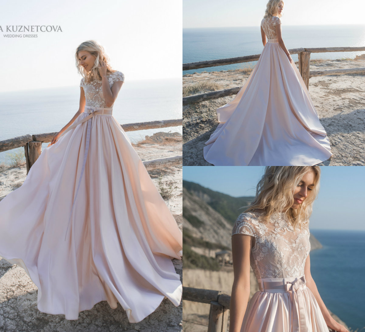 2019 Beach Wedding Dresses Bateau Lace Appliqued A Line Light Pink Satin Bridal Gowns Cap Sleeve Bohemian Wedding Dress Vestido De Novia