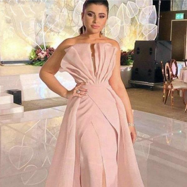 arabic pink mermaid overskirts evening dresses sexy front split pleats formal prom dress african robes de soire