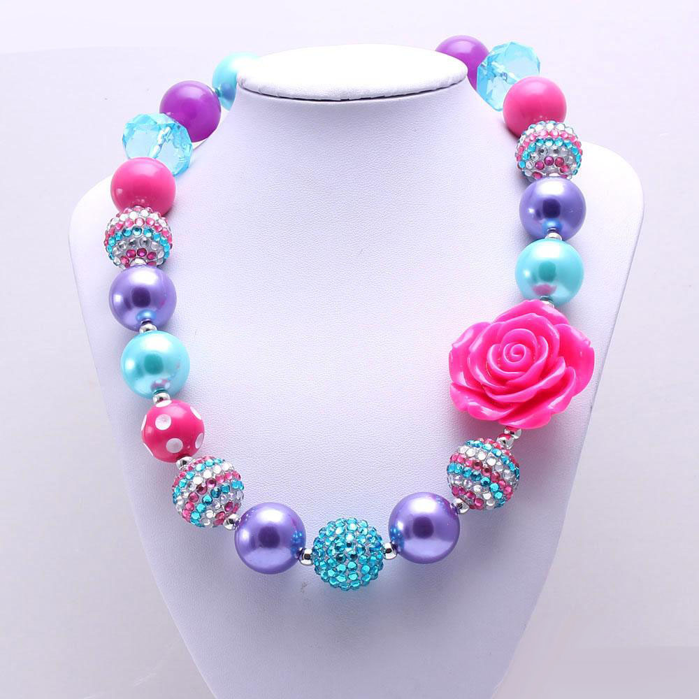 Teal+Hot Pink Kid Chunky Necklace Bracelet Set Big Rose Flower Children Girl Toddler Bubblegum Chunky Bead Necklace Jewelry Set