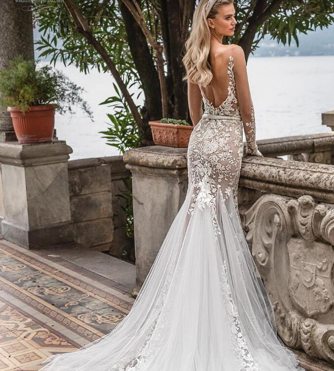 Julie Vino Mermaid Dresses Deep V Neck Sexy Illusion Long Sleeves Beach Wedding Gowns Lace Sequined Backless Vestido De Novia 0505 0505