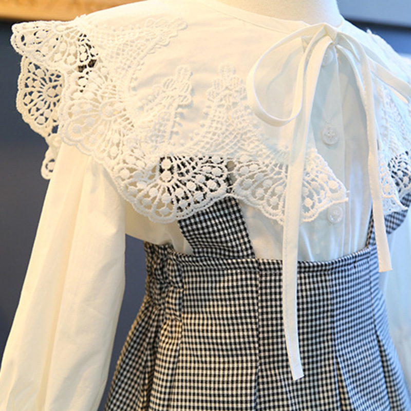Girls Dress 2020 New Spring / Autumn England Style Lace Long Sleeve Shirt + Plaid Strap Dress For Princesss 3-7 Years