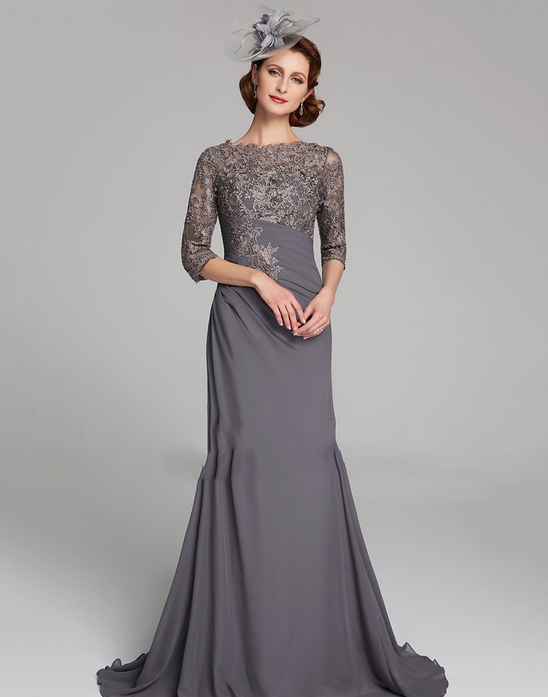 Chic Plus Size Mother Of The Bride Dresses Half Sleeves Jewel Neck Empire Waist Mother Of Groom Dress Chiffon Mermaid Evening Gowns